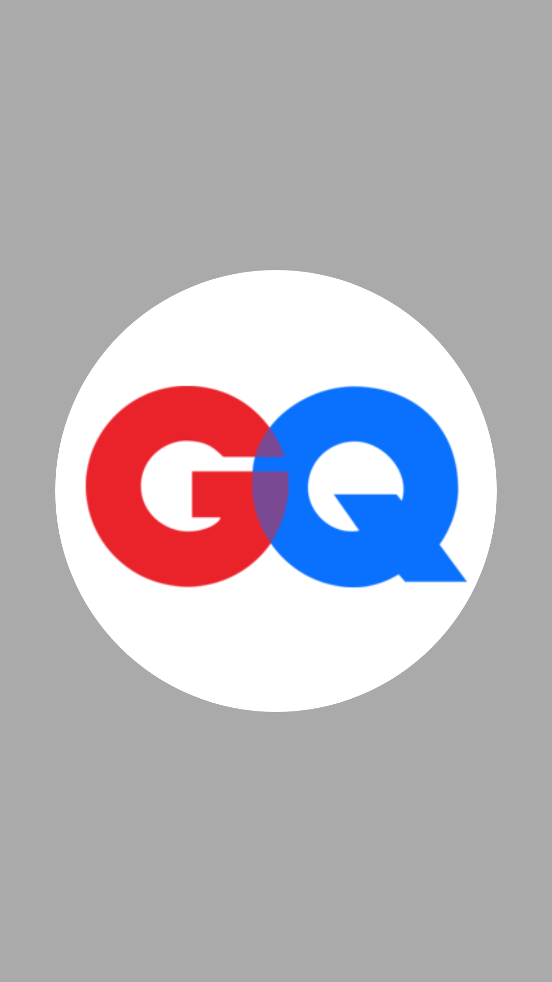 GQ magazine logo with red and blue overlapping letters on a white circle background