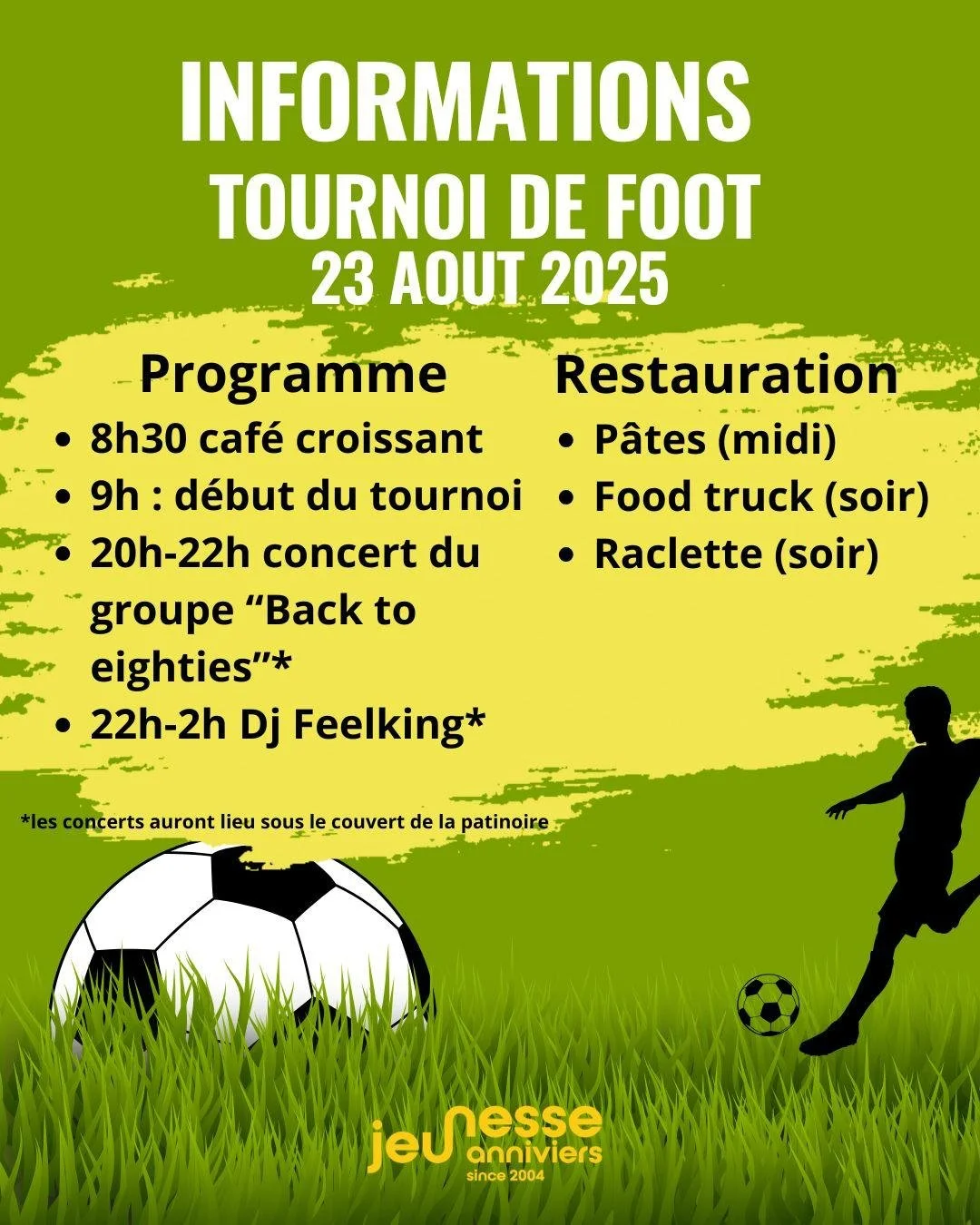 Poster for a soccer tournament on August 23, 2025, with schedule including breakfast, match start, concert, and DJ. Food options listed are pasta at noon, food truck in the evening, and raclette in the evening. Decorative soccer ball and silhouette of a person playing soccer are present.