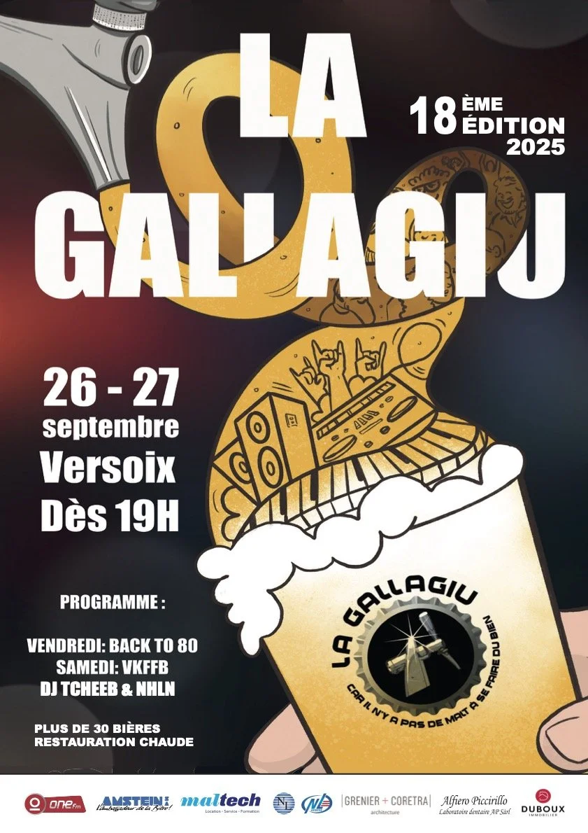 Event poster for La Gallagu, 18th edition, happening on September 26-27, 2025 in Versoix, starting at 7 PM. Features music events with DJ Tcheeb & NHLN, and a beer booth. Logo with a telescope and the phrase "Car il n'y a pas de mort à se faire du bien."