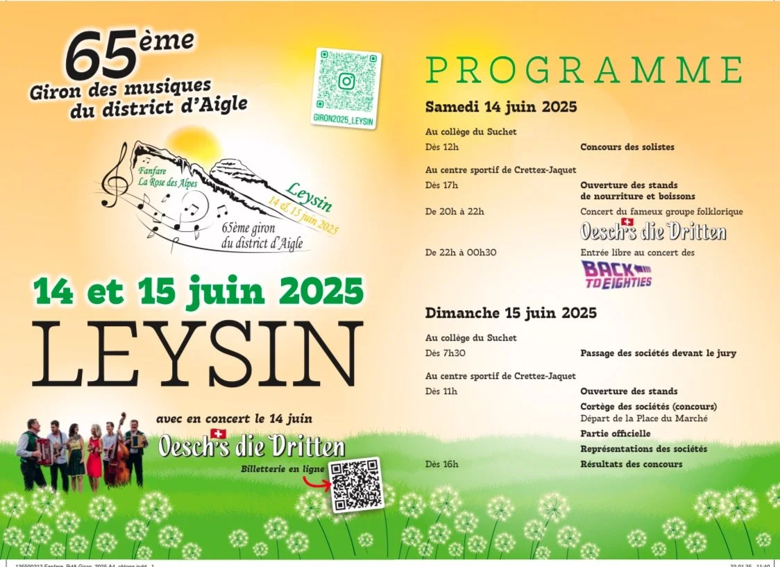 Event poster for 65th Giron des musiques du district d'Aigle, taking place June 14-15, 2025, in Leysin, featuring a music group performance, contests, food stands, and concerts, with green and yellow background and illustrations of mountains, flowers, and a QR code.