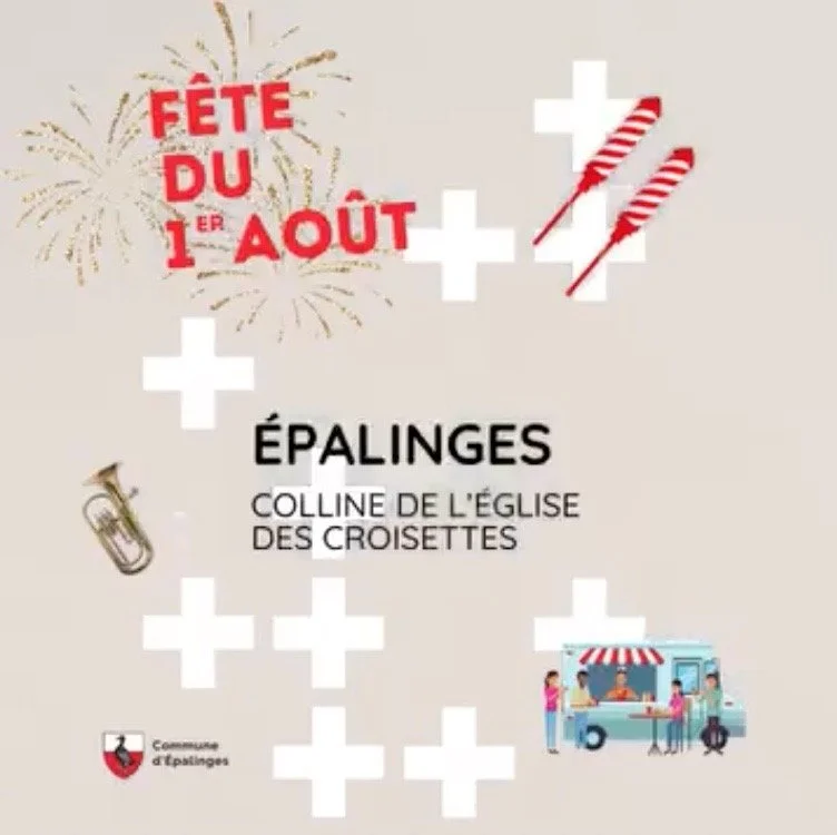 Celebration poster for August 1st in Épalinges, Switzerland, featuring fireworks, fireworks, a trumpet, and a food stand with people, promoting local festivities.