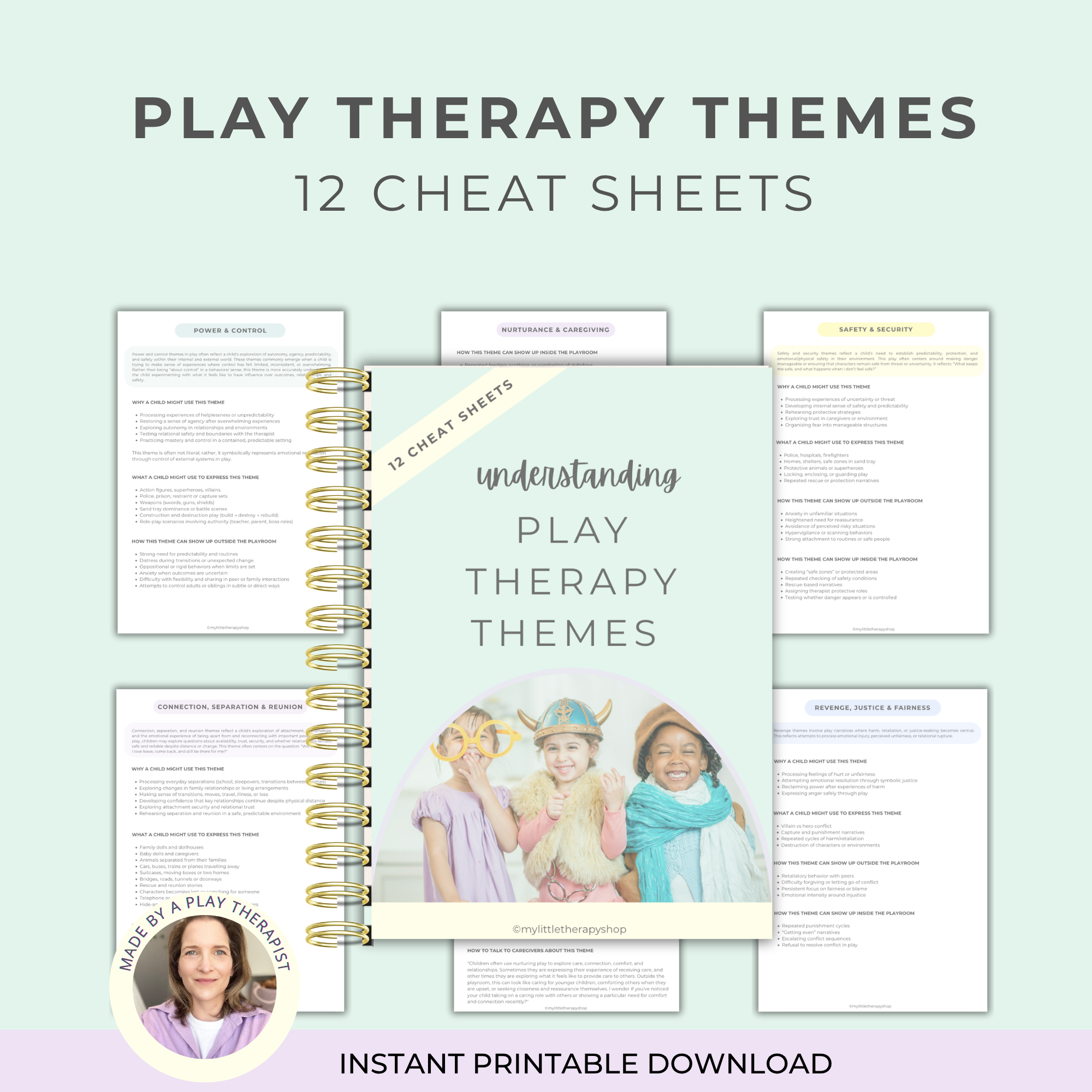 digital resource with 12 cheat sheets for common play therapy themes