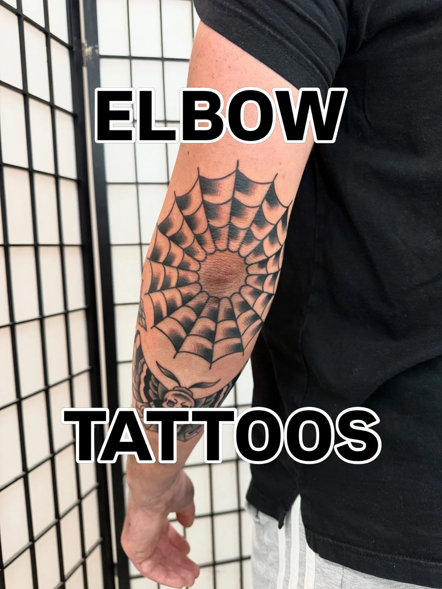 Elbows are good to get done early on if you are building a patchwork sleeve. You can never go wrong with a web, however there are plenty of designs that work well on the elbow. Here&rsquo;s a few ideas for you! 

Shoot me a message and let&rsquo;s ma
