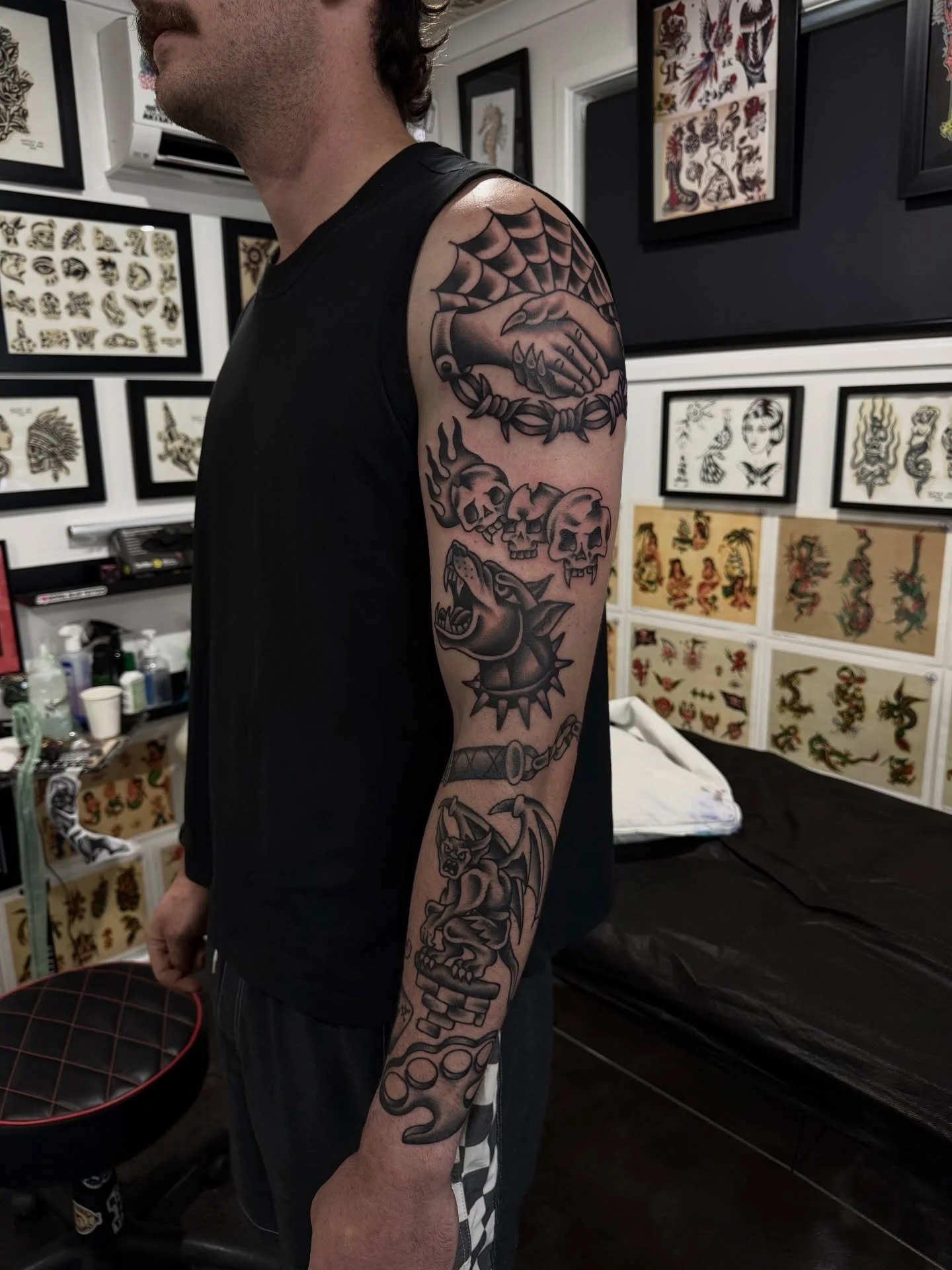 Two days in on Mack&rsquo;s arm, really happy with how it&rsquo;s coming together ☠️ most of the forearm is a couple of weeks old. 

Couple of peices picked from @xhalhunterx flash book! 

I still have some spots left in May, shoot me a message and l