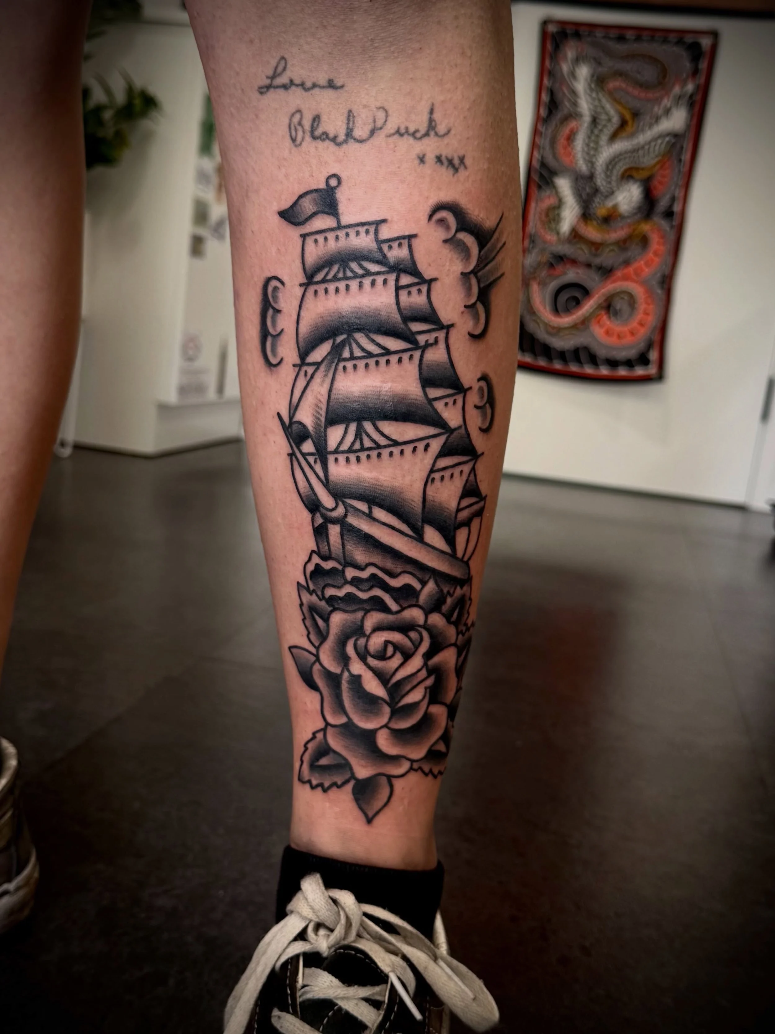 Picked from a painting a did last year ⛵️
Thank you Kingsley! 

#sunshinecoasttattoo #traditionaltattoo #tattoo #shiptattoo #shintattoo