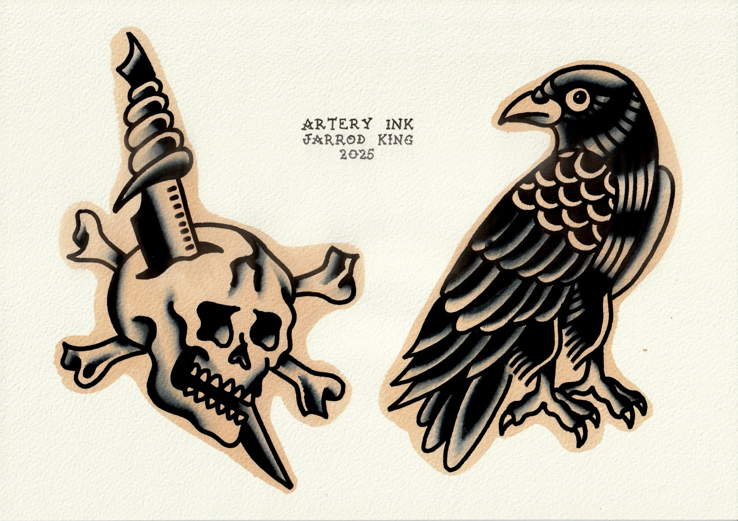 Tattoo-style illustration of a skull and a bird with cultural and anatomical themes, along with text in the center reading "Artery Ink Jarrod King 2025."