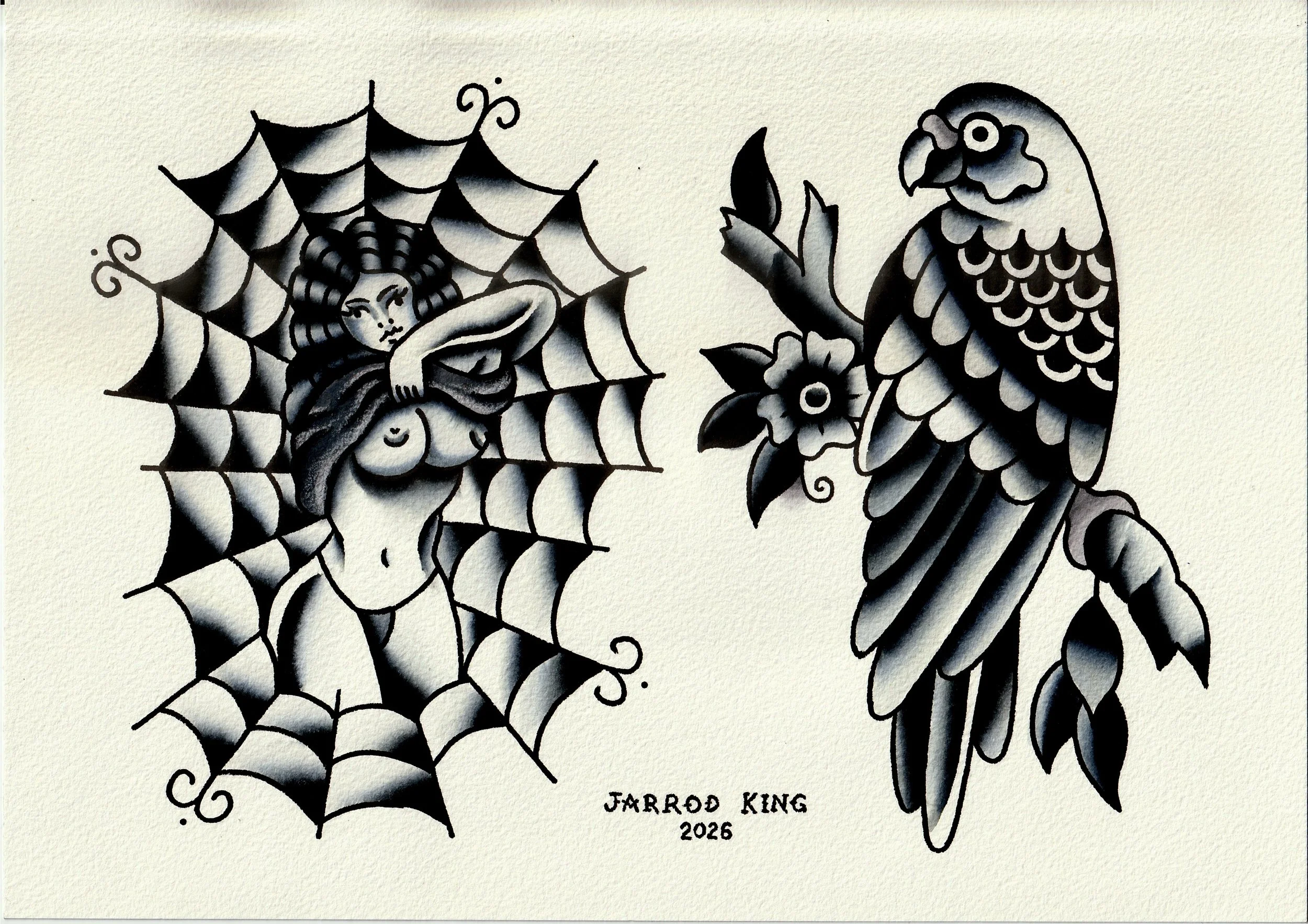 A black and white drawing of a woman with long hair trapped in a spider web on the left and a bird with detailed feathers and flowers on the right. The drawing is signed by Jarrod King and dated 2026.