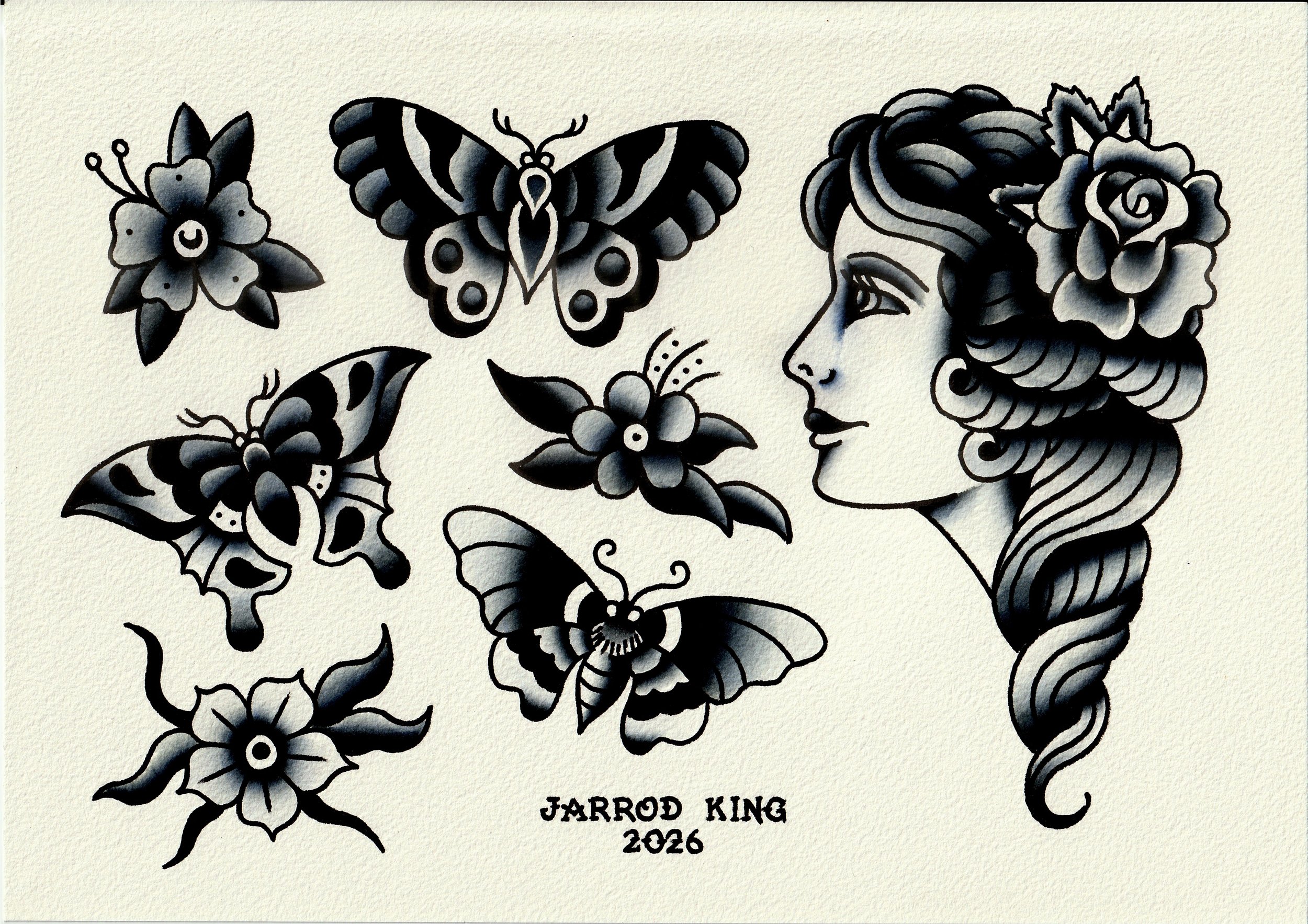 A black and white illustration of a woman's profile surrounded by flowers and butterflies, with the text "Jarrod King 2026" at the bottom.