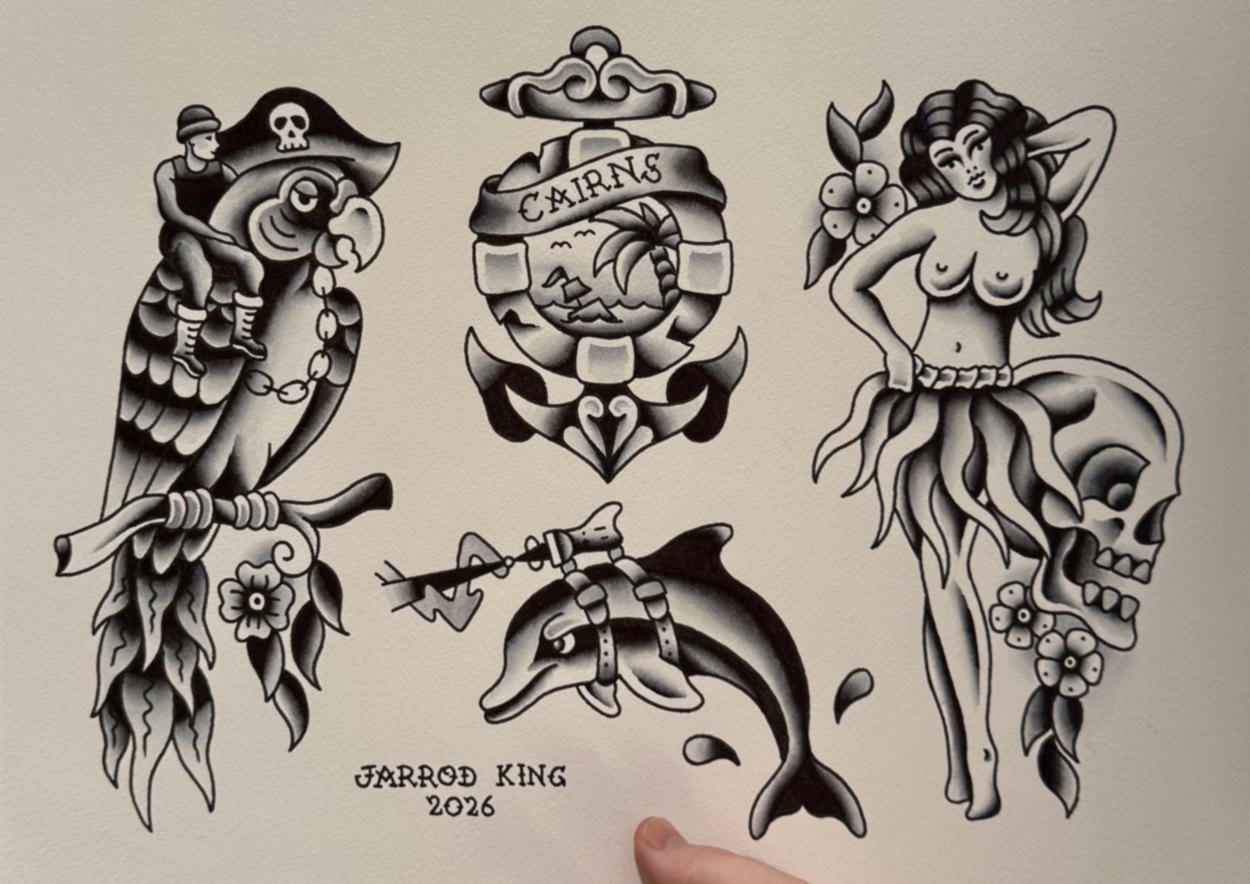 Black and white tattoo-style illustration of a king with a crown, holding a sword, with a parrot on his shoulder and surrounded by flowers and skulls. The words "FARROW KING" and "JARROD KIN" 2026 are written below.