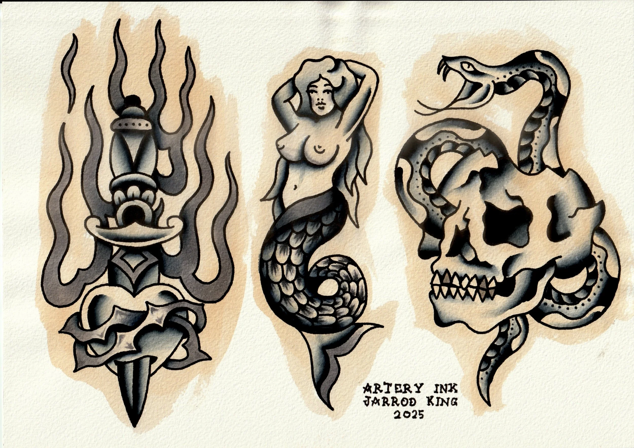 A black and gray traditional tattoo-style illustration featuring a dagger, a mermaid, and a skull with snake-like features. The image includes the text 'ARTERY INK JARROD KING 2025'.