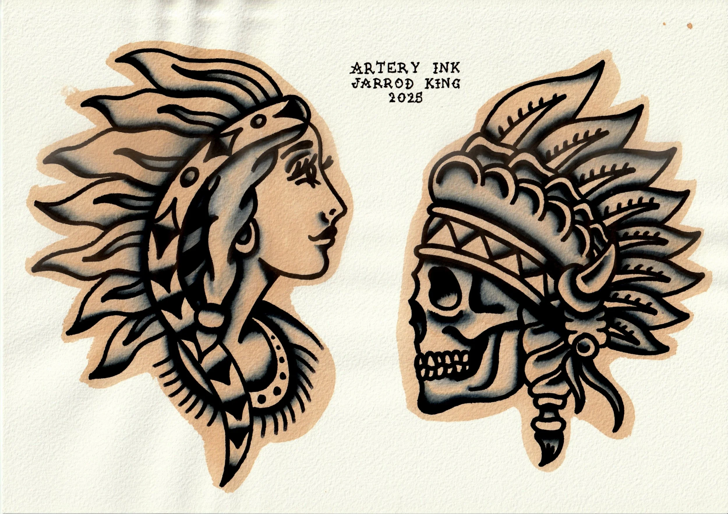 Illustration of a woman with long flowing hair and a side profile, and a human skull, surrounded by detailed leaves, with text referencing 'Artery Ink', 'Jarrod King', and the year 2025.