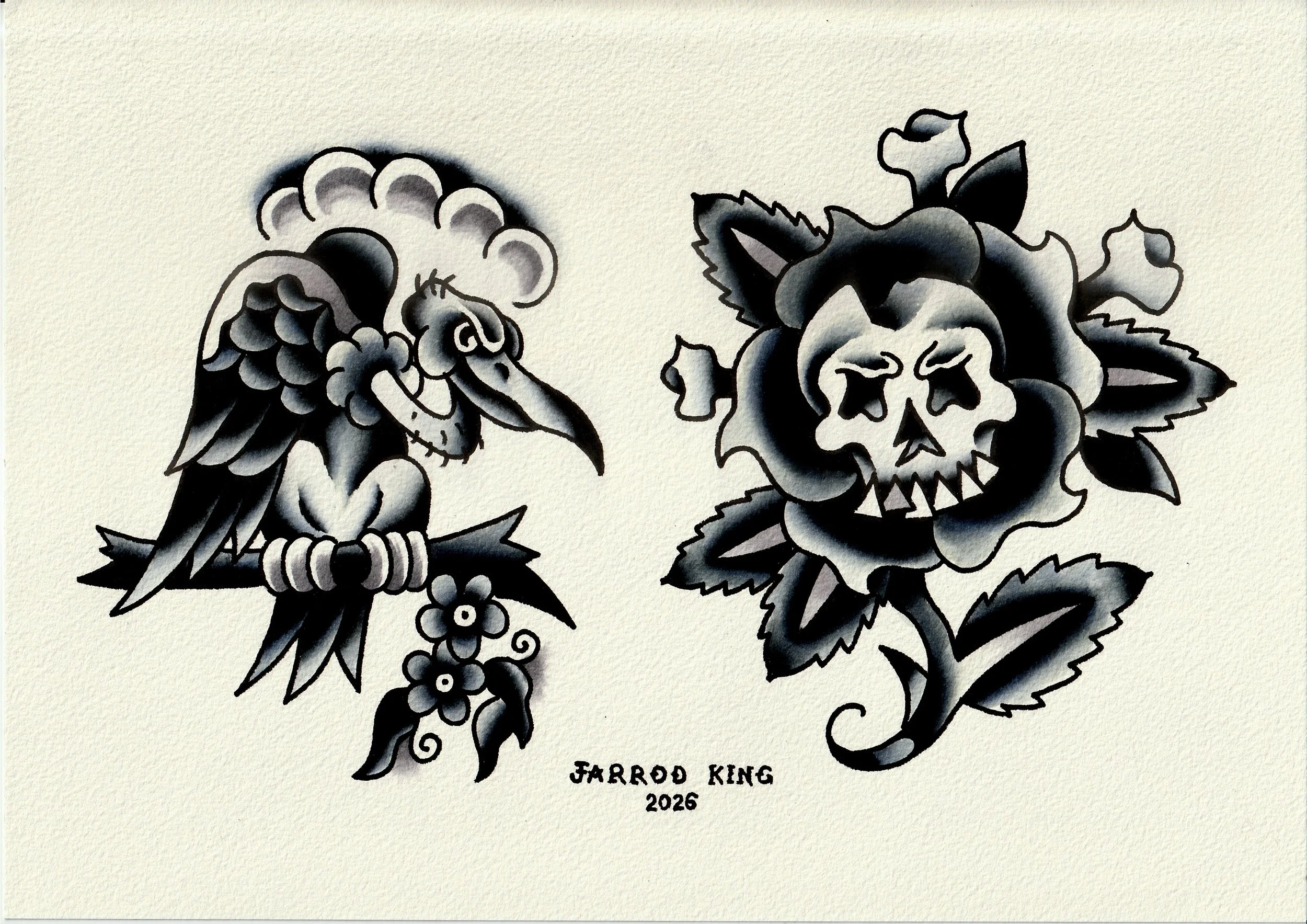 Black and gray tattoo-style illustration of a lion and a skull with flowers and leaves. The image includes the text "Jarrod King 2026" at the bottom.