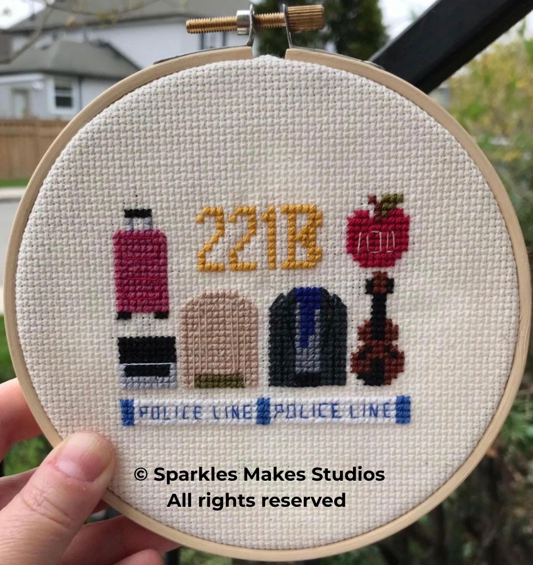 Cross-stitched artwork featuring the year 2018, a police lineup with four pixel art characters, including a woman in pink, a man in beige, a man in suit, and a woman in a red dress, along with police line tape at the bottom.