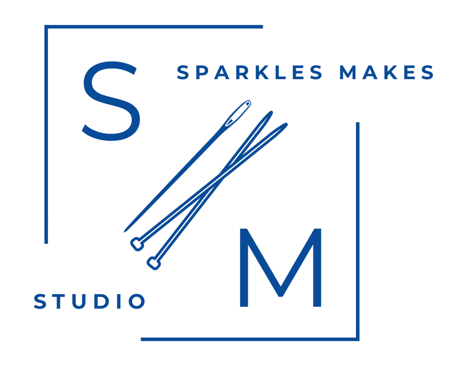 Logo for Sparkles Makes Studio featuring a large S, a large M, and a graphic of three paintbrushes in the center, all in blue, with the words 'Sparkles Makes Studio' surrounding it.