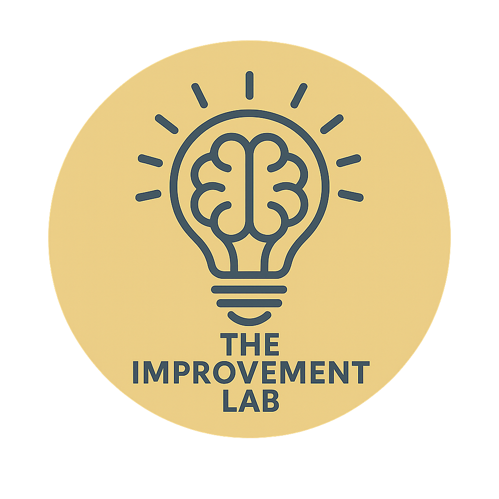 Logo of The Improvement Lab featuring a lightbulb with a brain inside, surrounded by rays of light, and the text 'The Improvement Lab' below.