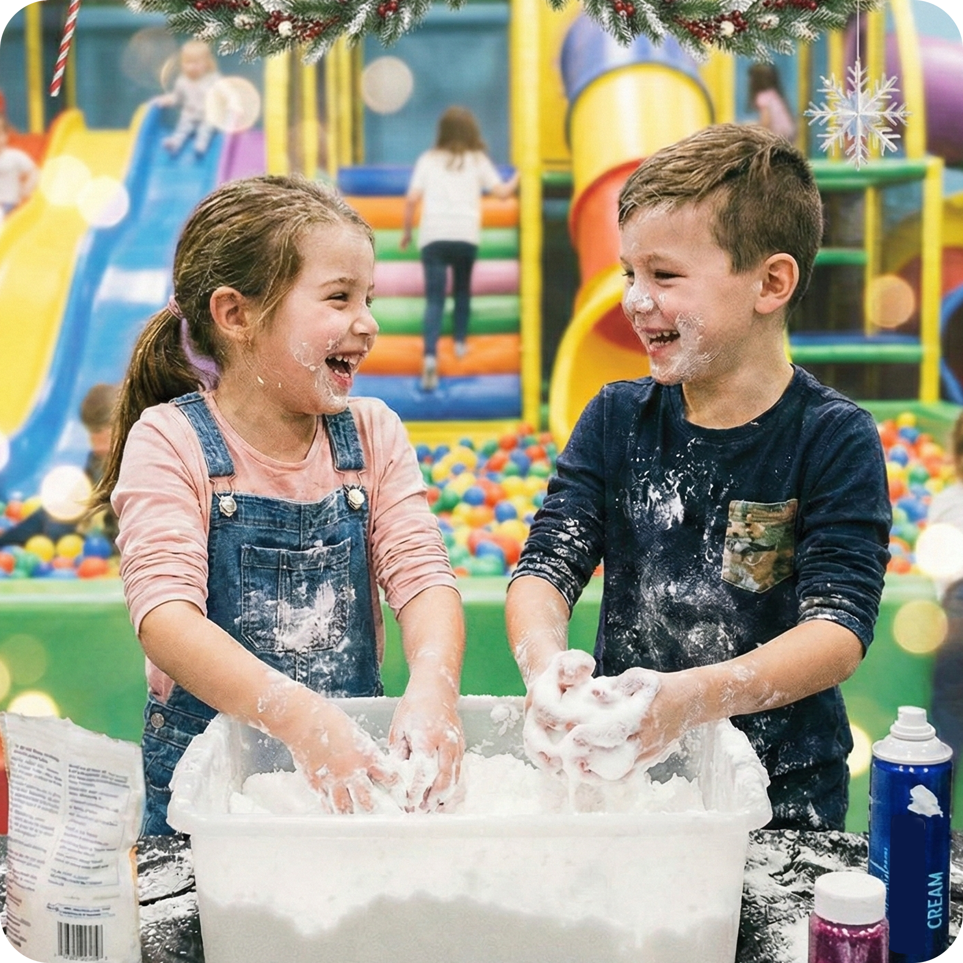 Two children wearing safety goggles, a girl with long hair in a white lab coat and a boy with short blond hair in an orange shirt, are engaged in a science experiment. They are holding a yellow substance that is dripping from a container, surrounded by various bottles and lab equipment on a table.