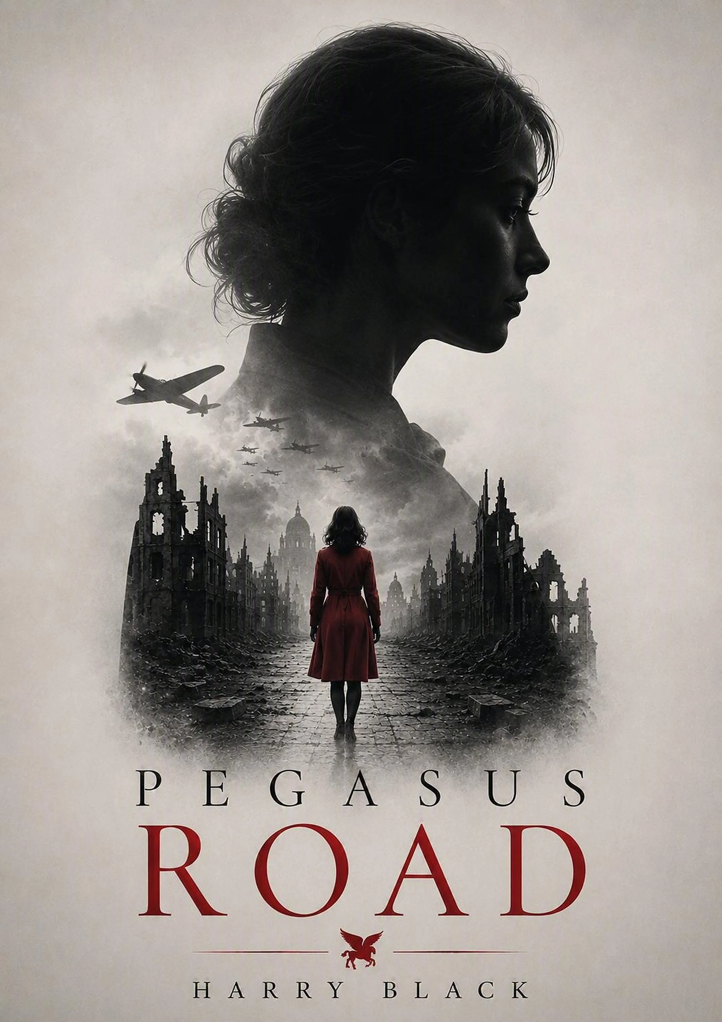 Book cover for Pegasus Road by Harry Black, featuring Barbara in a red coat against a ruined wartime city with aircraft overhead.