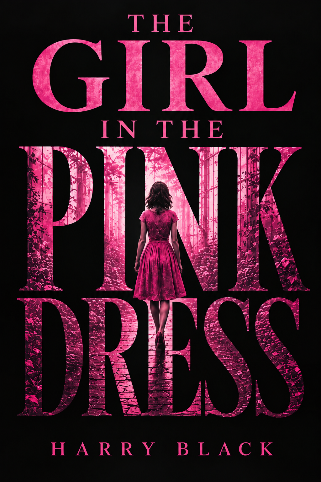Book cover for The Girl in the Pink Dress by Harry Black, featuring a girl in a pink dress against a dark, ruined cityscape.
