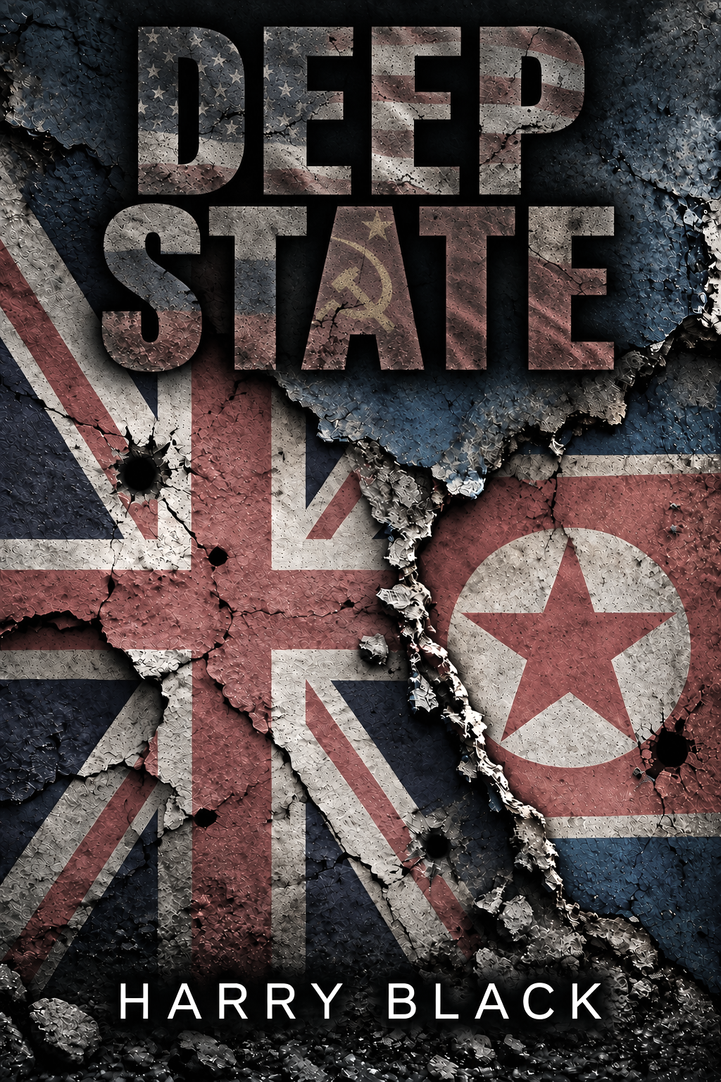 Book cover for Deep State by Harry Black, featuring fractured British and North Korean flags with distressed Cold War imagery.