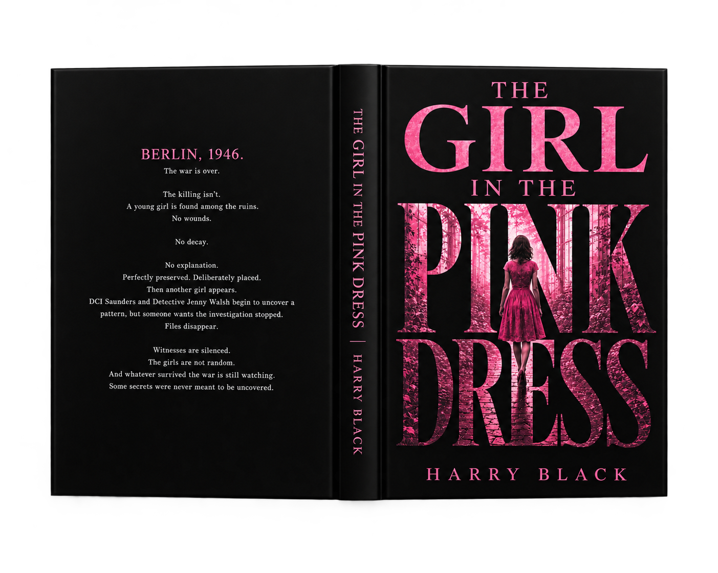 Book cover for "The Girl in the Pink Dress" book mock-up by Harry Black, featuring the black and pink historical thriller cover and its Berlin 1946 blurb.