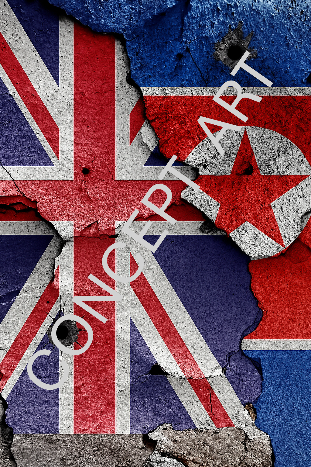 A weathered wall painted with the British and North Korean flags, appearing cracked and peeling.