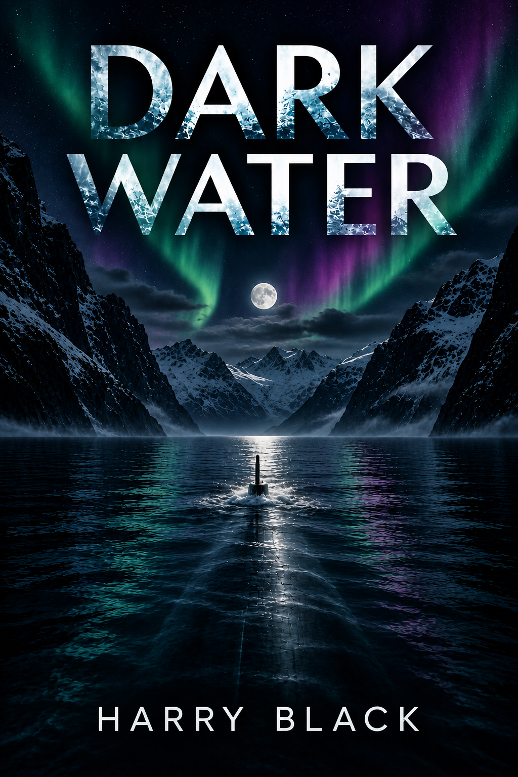 Book cover for Dark Water by Harry Black, featuring an Arctic fjord beneath the northern lights with a submarine moving through the dark water.