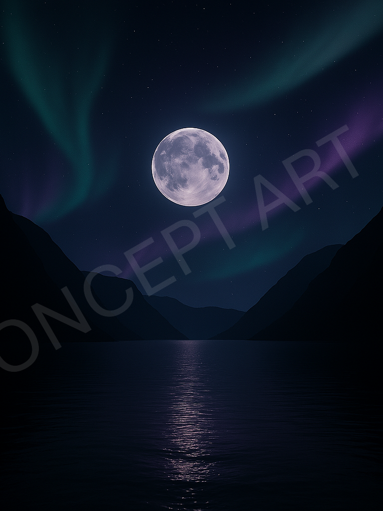 Full moon over a lake with silhouettes of mountains and the northern lights in the night sky.