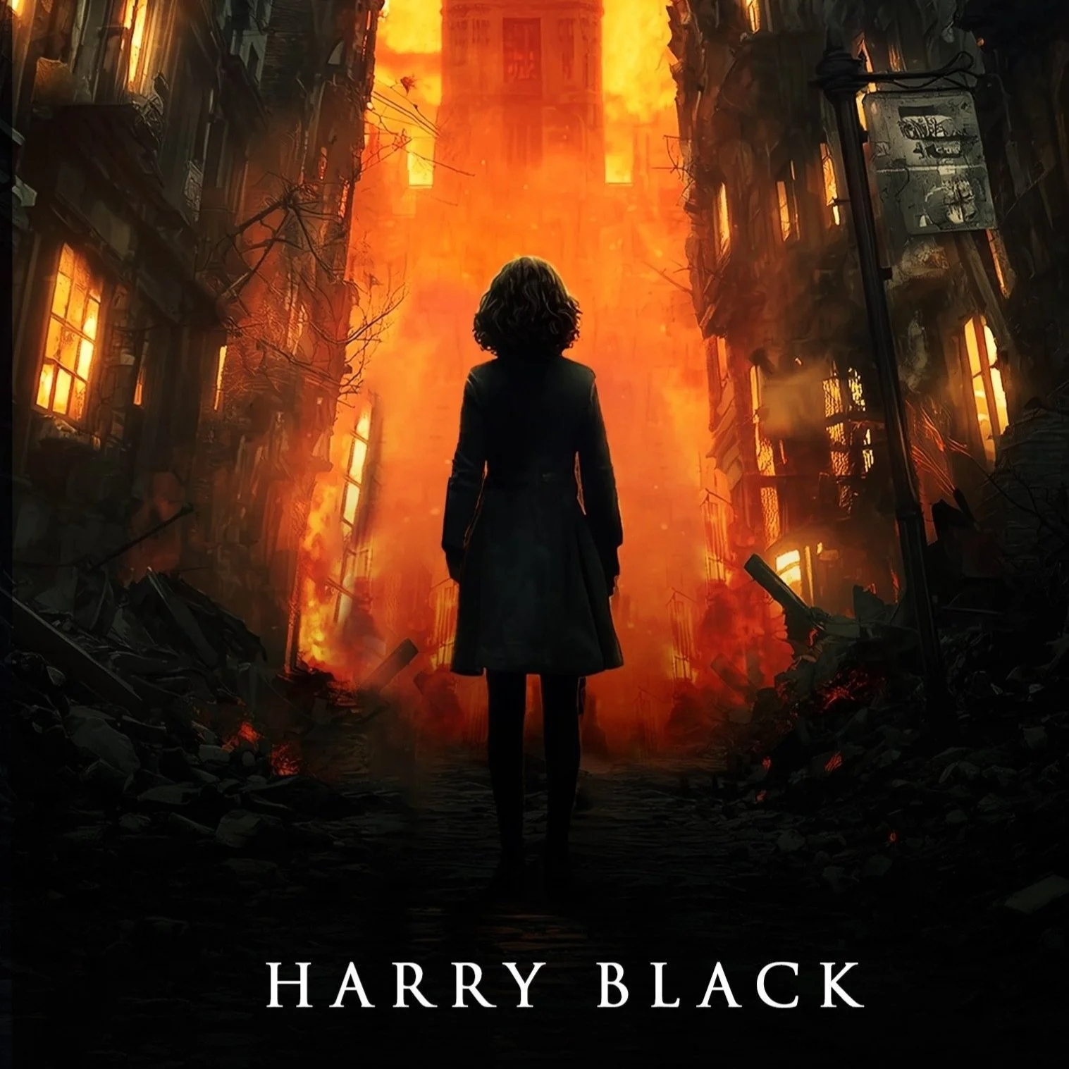 A woman standing alone in front of a burning cityscape, with flames and destruction in the background. The scene appears intense and apocalyptic.