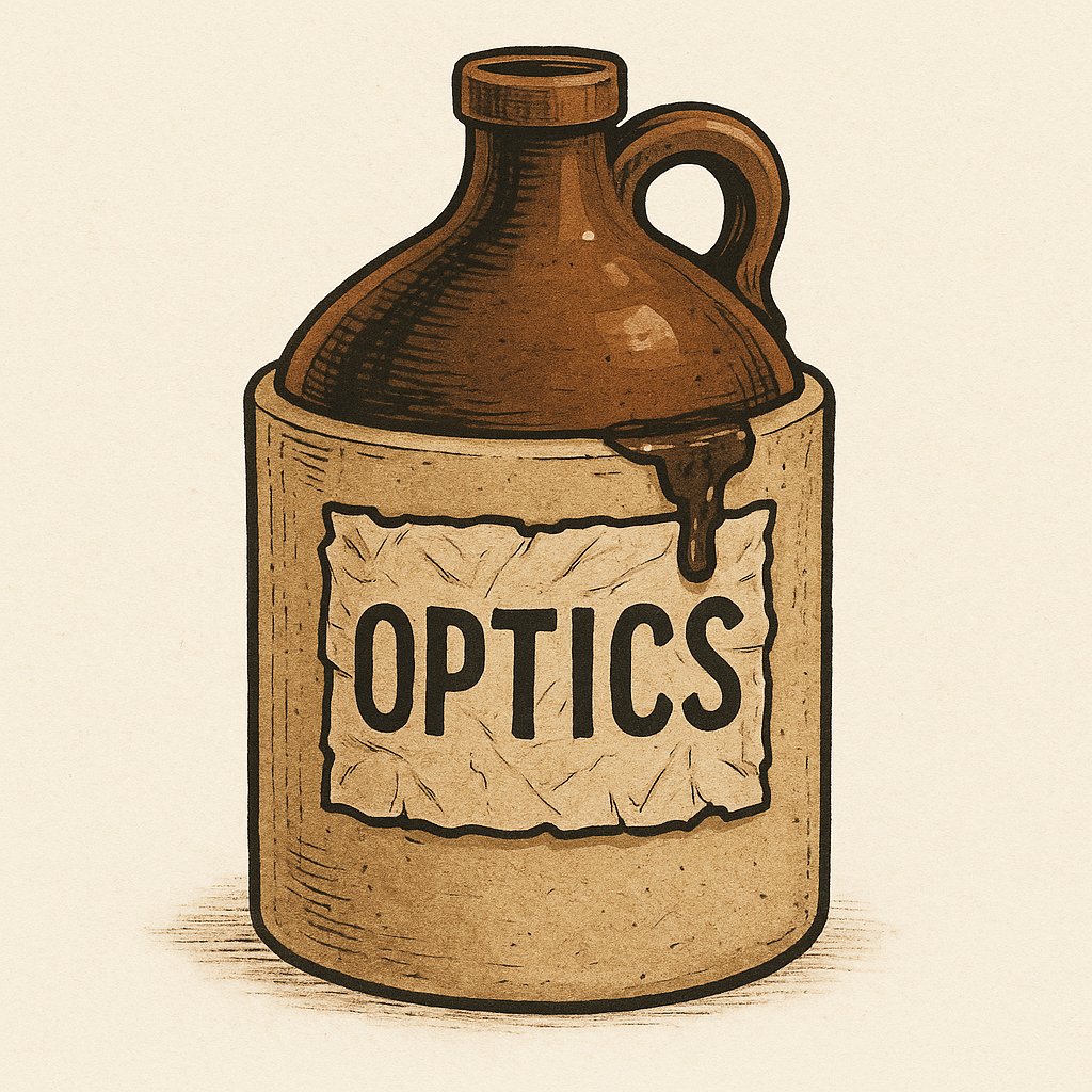 A vintage-style illustration of a brown bottle labeled 'OPTICS' with a drop of dark liquid spilling from its opening.