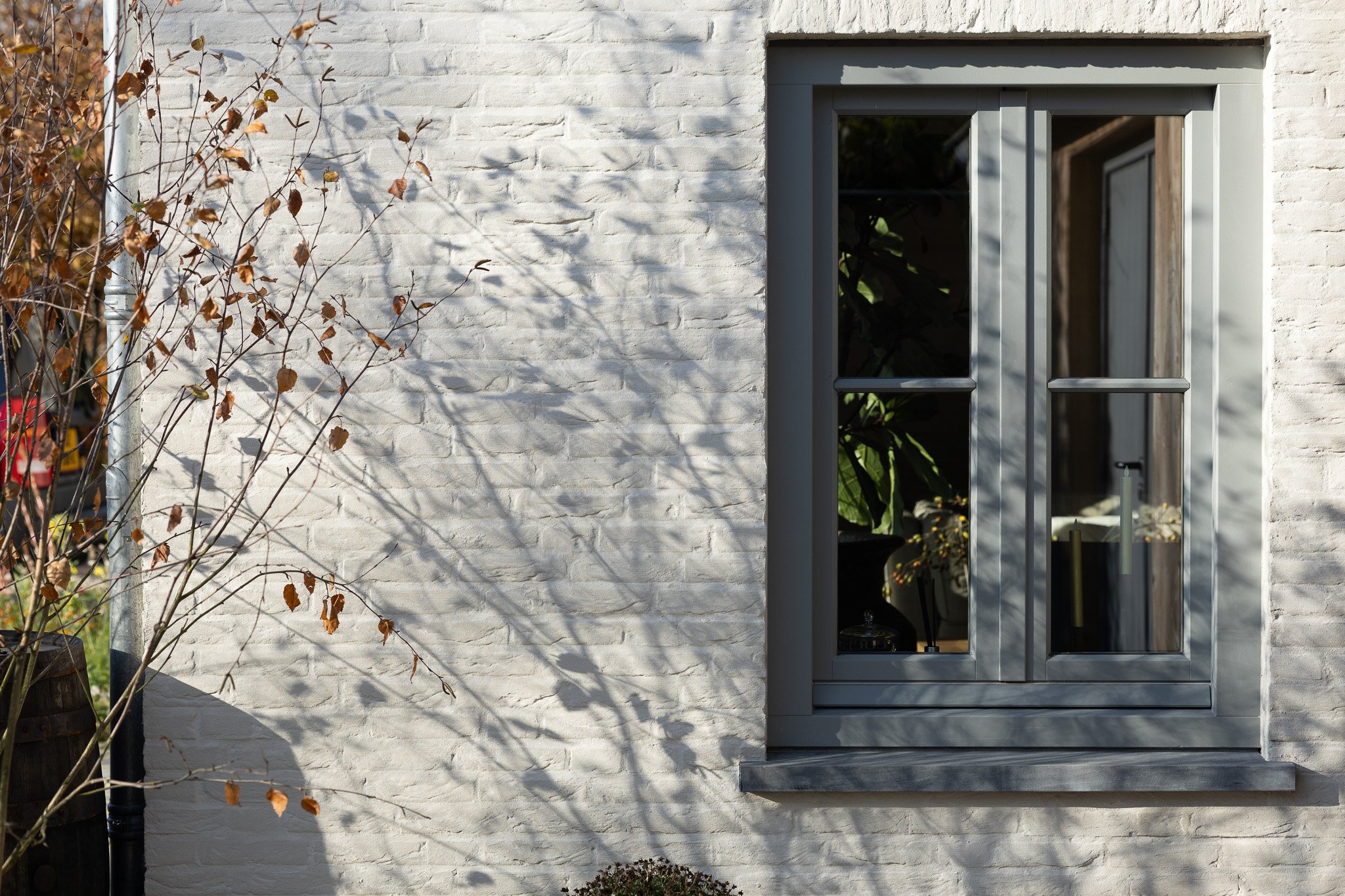Grey-framed window in a white brick wall surrounded by delicate autumn branches