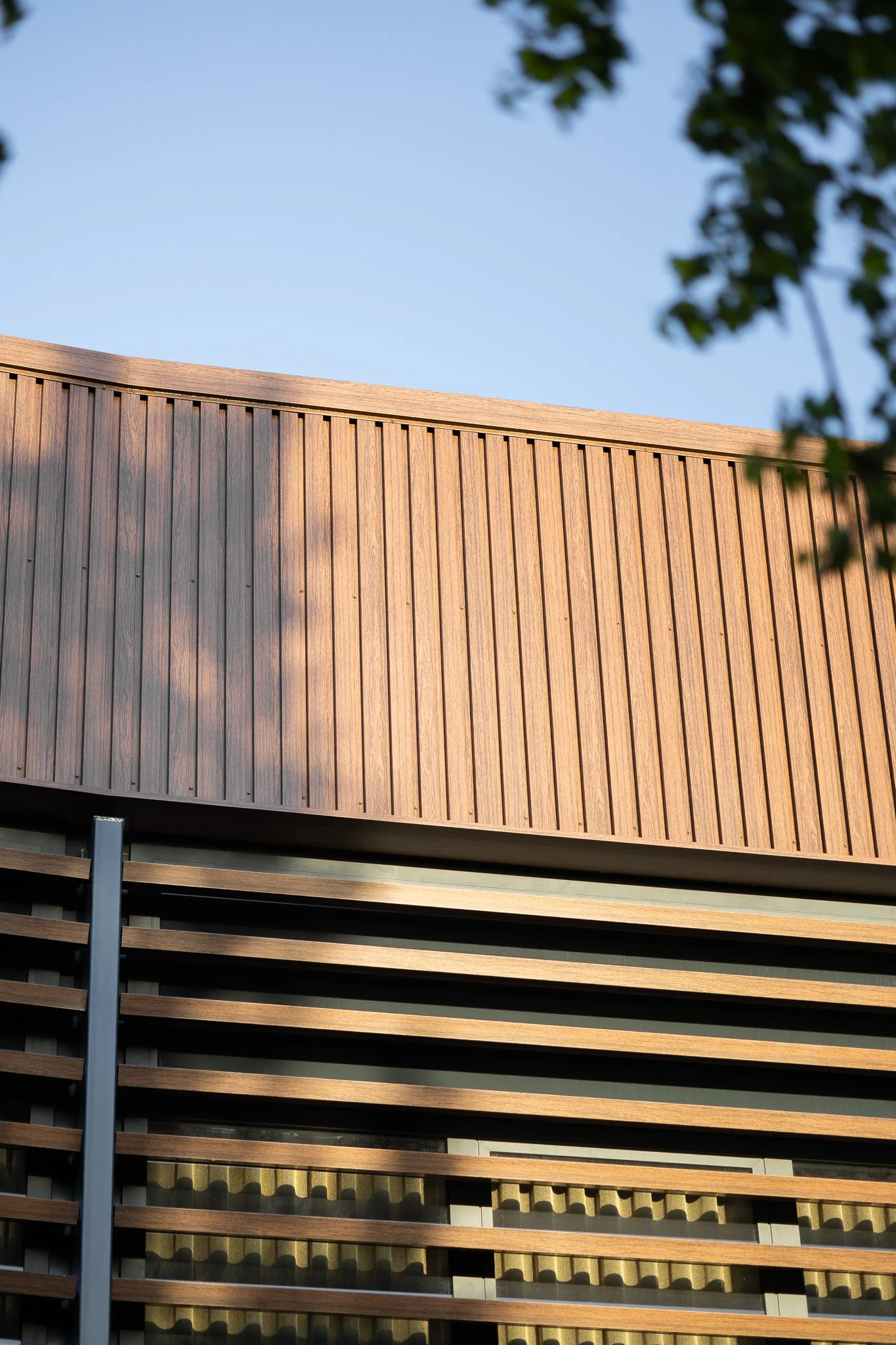Timber façade and horizontal sunshades captured in soft golden morning light
