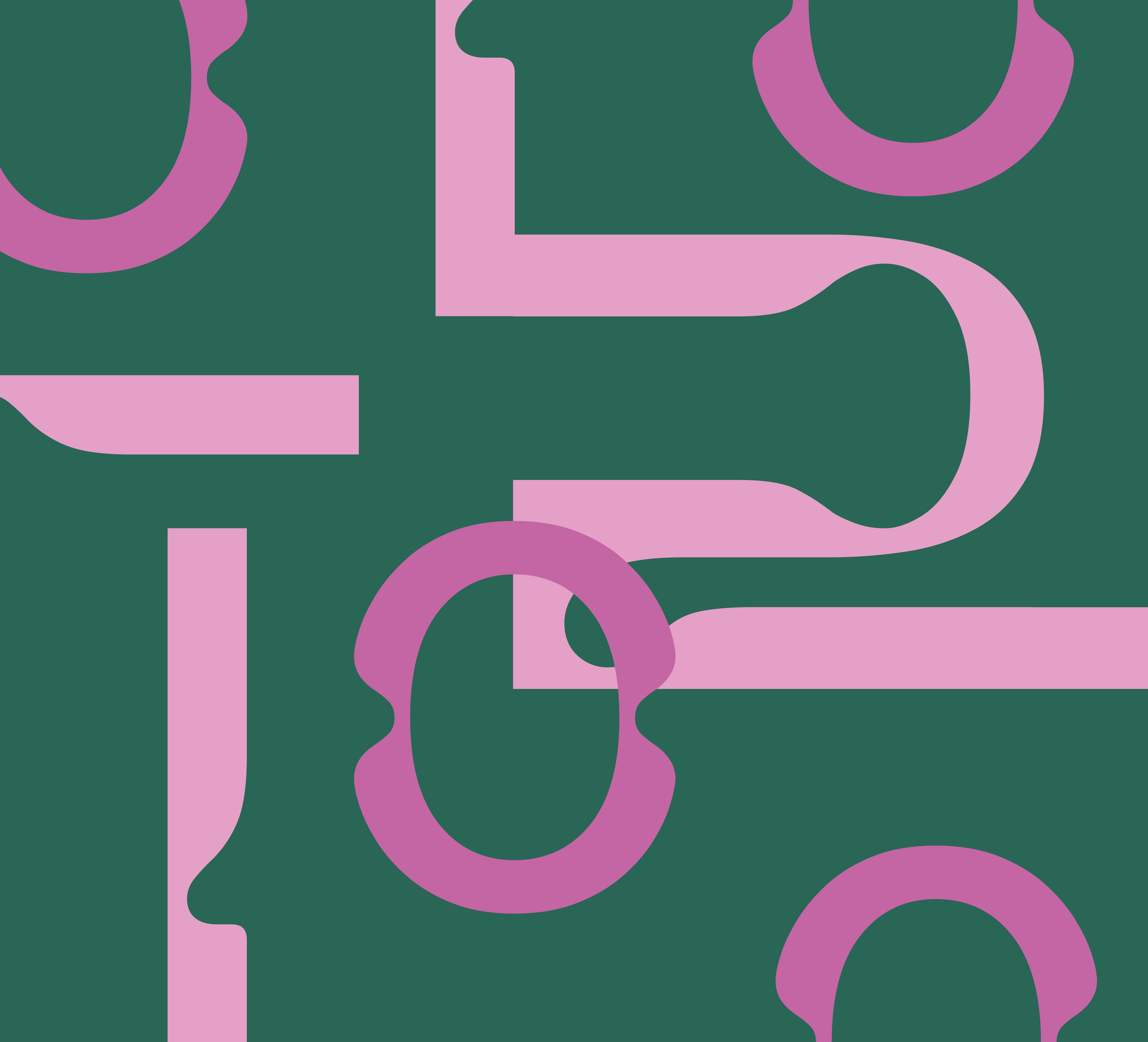 Design astratto con forme circolari e lineari in tonalità di rosa e verde scuro.