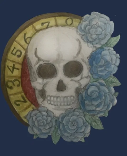 A skull surrounded by blue roses and a yellow traditional tattoo style clock face.