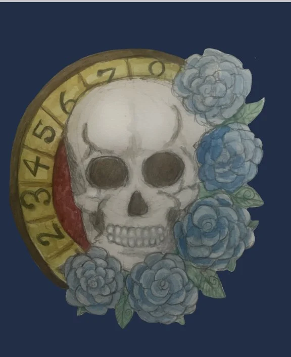A skull surrounded by blue roses, with a yellow measuring tape in the background.