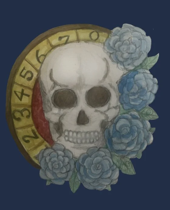 A human skull surrounded by blue roses and green leaves, with a yellow roulette wheel in the background.
