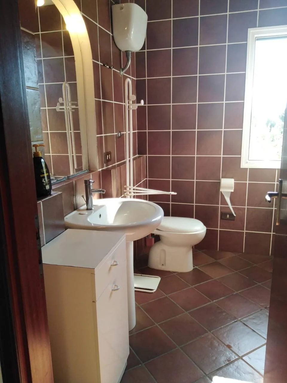Bagno con pareti rivestite di piastrelle marroni, lavabo bianco con mobile sottostante, water, grande finestra, grande specchio sopra il lavabo, porta in legno, dispenser di sapone e carta igienica.