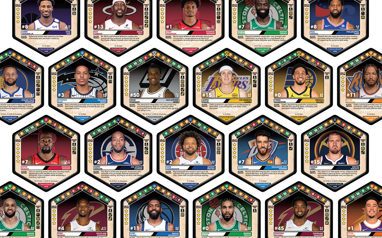 Assortment of hexagonal Ultimate Matchup game cards featuring current NBA players from various teams, each with player image, name, team, and game specific player ratings.