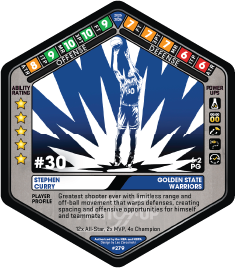 Animated sports trading card of Stephen Curry, a Golden State Warriors player, with stats and ratings. The card features a silhouette of Curry shooting, with a blue and white color scheme and various game stats, including abilities and accolades.