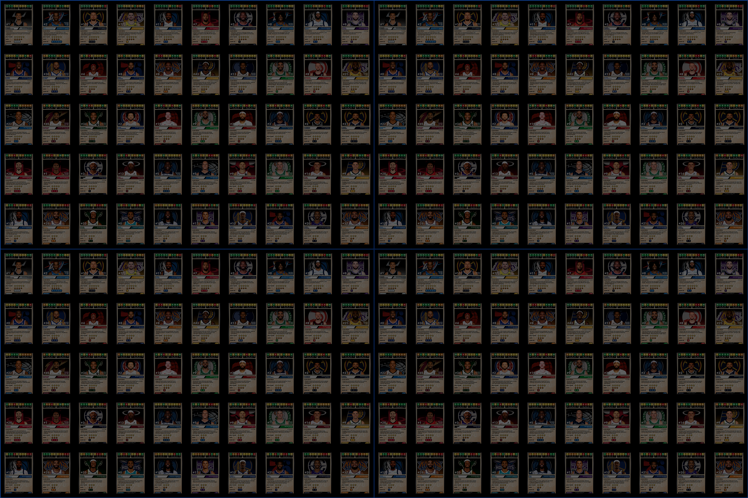 A collage of Ultimate Matchup trading cards showing various players with different team jerseys, ability ratings, numbers, and special abilities serving as a background graphic.