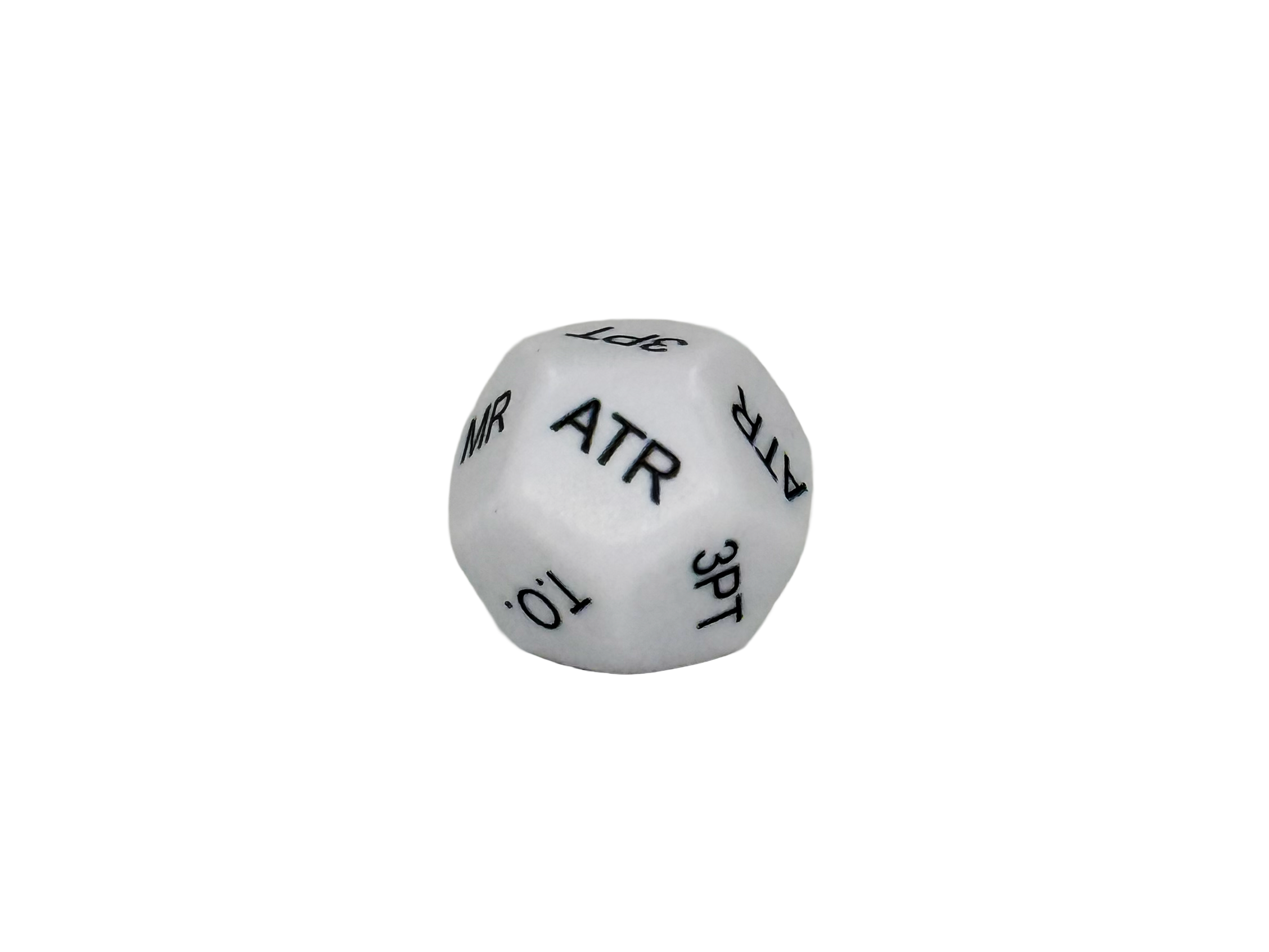 A white 12-sided die with black text showing the words At the Rim, Mid Range, and Turnover
