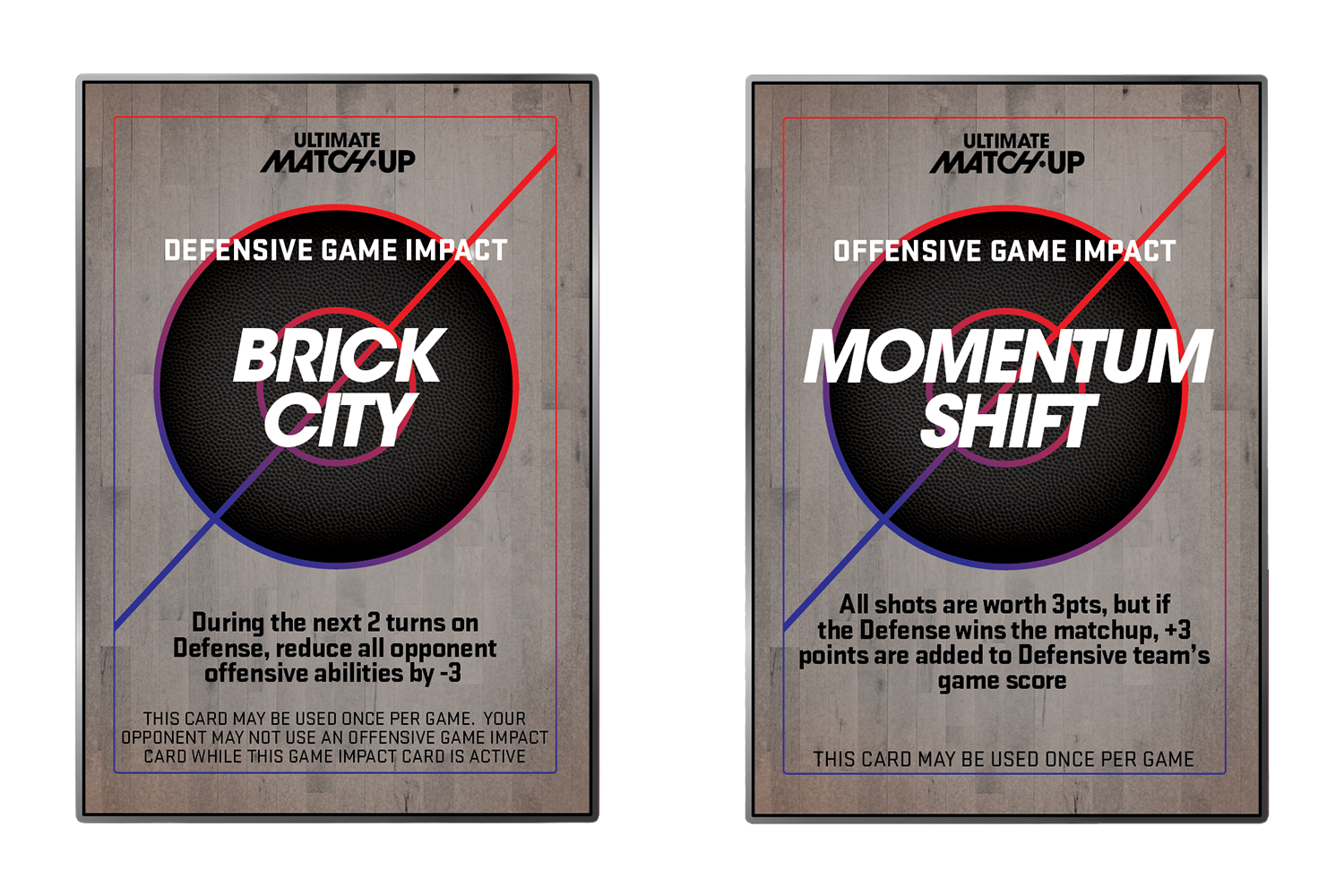 Two Ultimate Matchup Game Impact Cards, one titled 'Brick City' and the other 'Momentum Shift,' each with game impact rules, set against a concrete background.