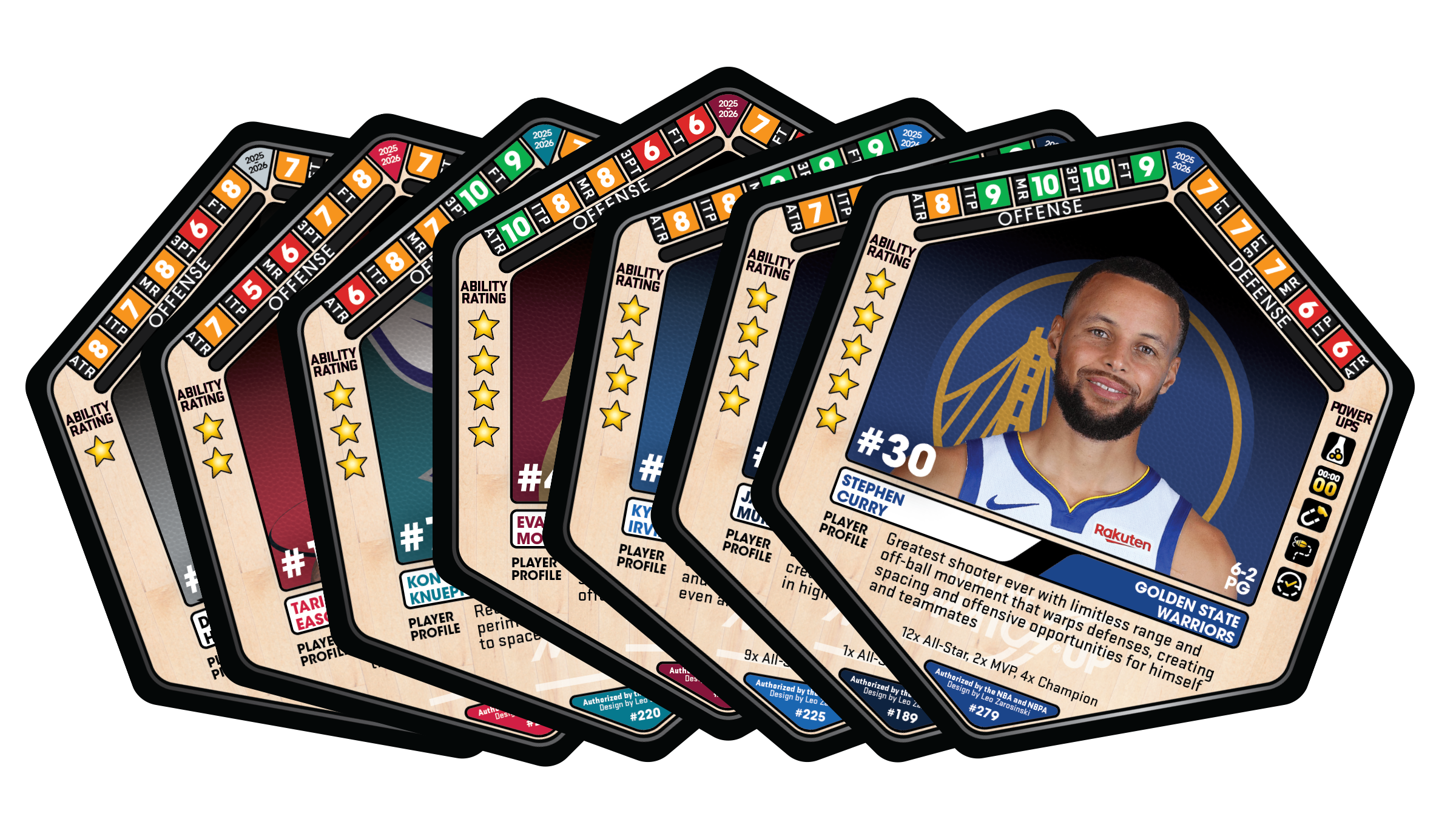 A set of Ultimate Matchup NBA playing cards featuring players, with one card of Stephen Curry prominently displayed showing his picture, name, team logo, and player statistics.