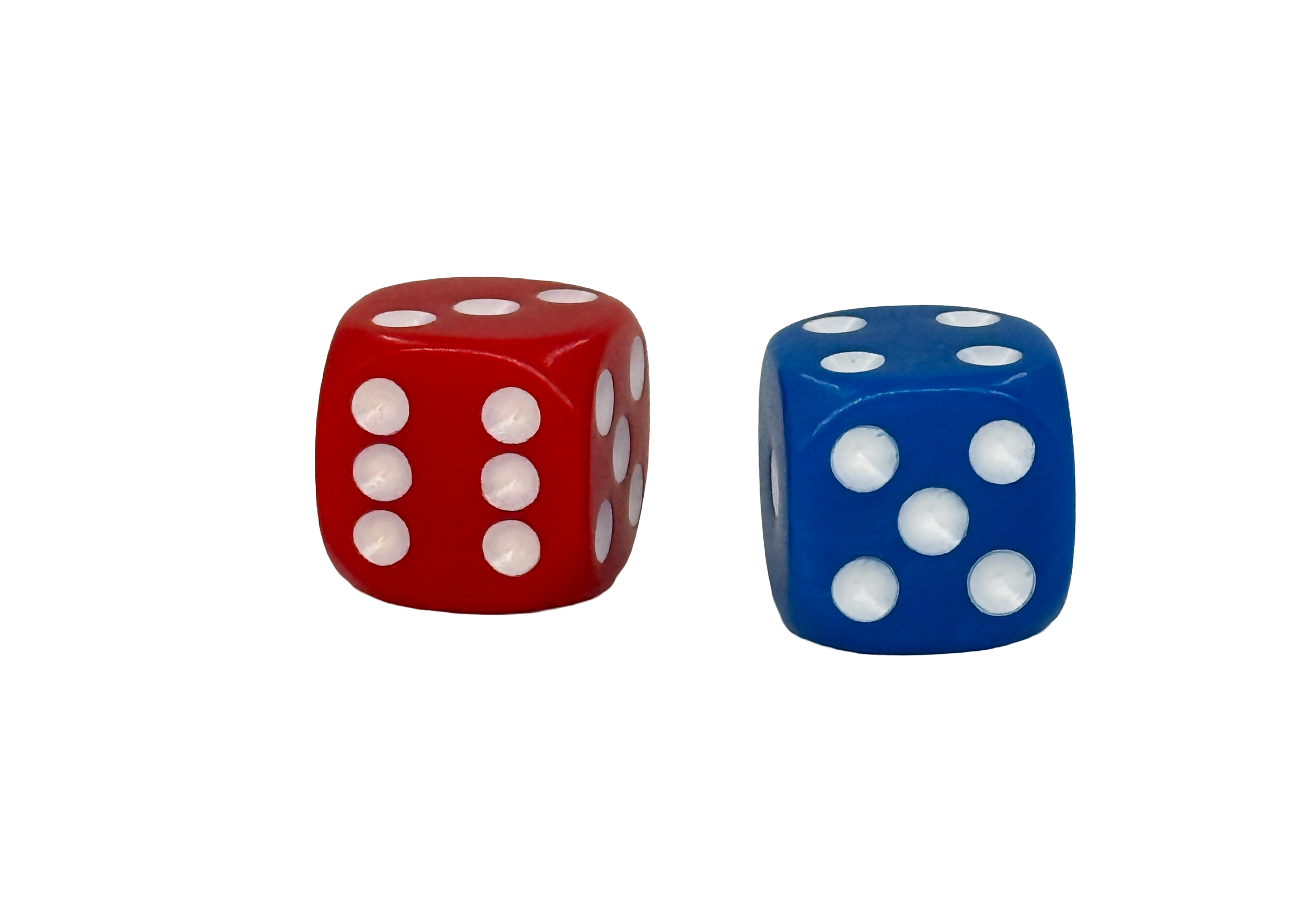 Two six-sided dice, one red and one blue, with white dots, on a white background.