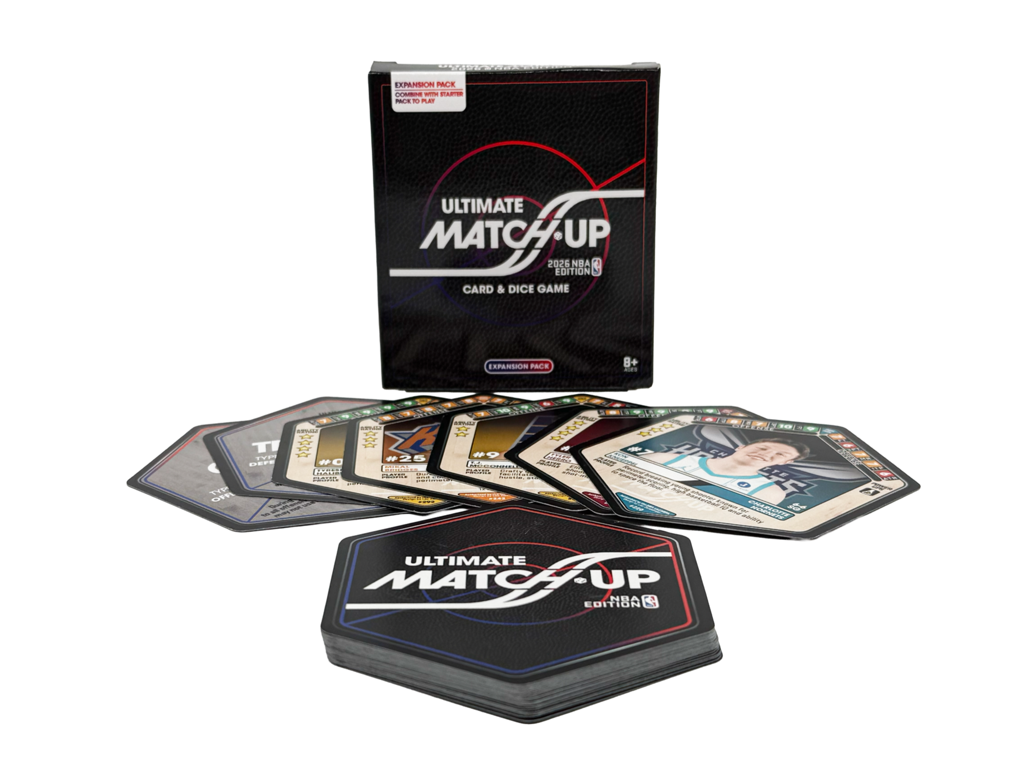A box of NBA-themed Ultimate Match-Up card and dice game, with cards fanned out in front.