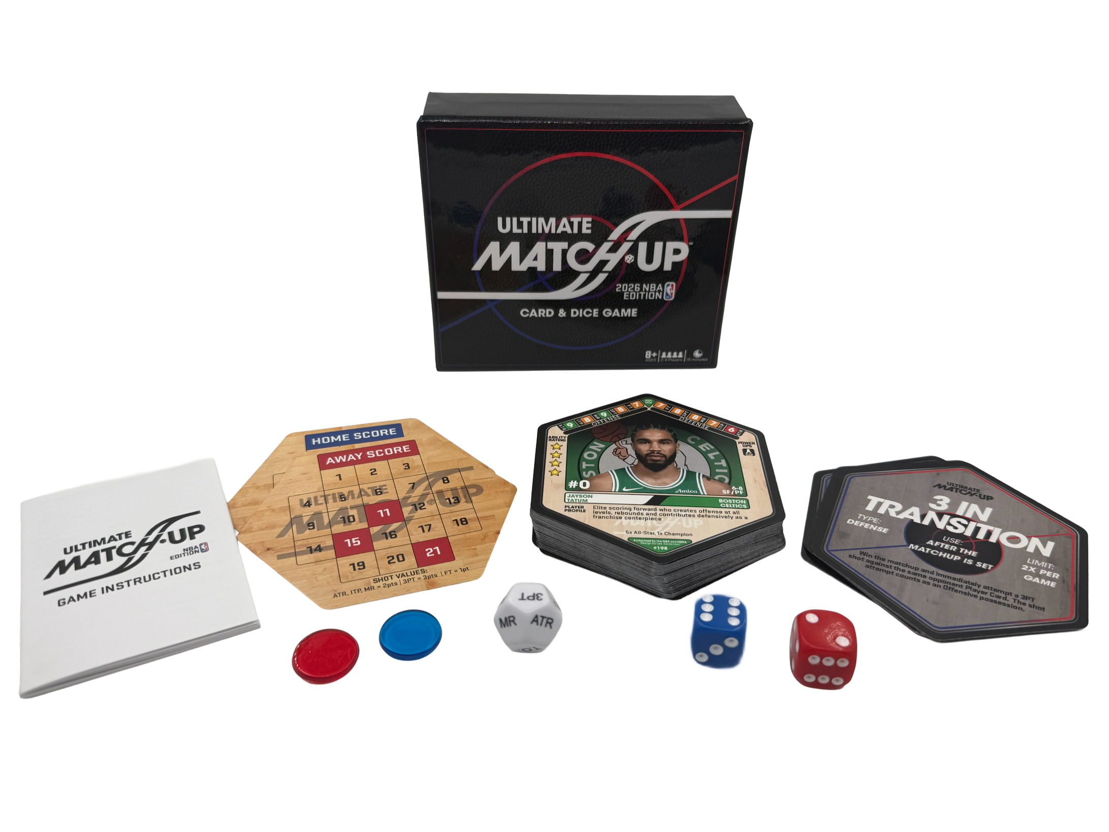 Board game package labeled "Ultimate Match Up" with cards, dice, score sheets, and game pieces around it.