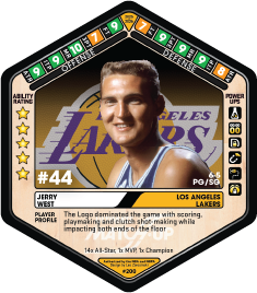 Basketball playing card of Jerry West, Los Angeles Lakers, number 44, smiling, with stats and description on the back.