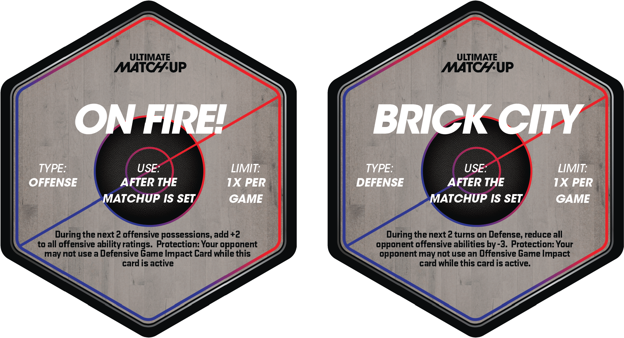 Two game cards titled 'On Fire!' and 'Brick City' with descriptions of game effects and rules, featuring a gray background, bold black titles, and multicolored borders.