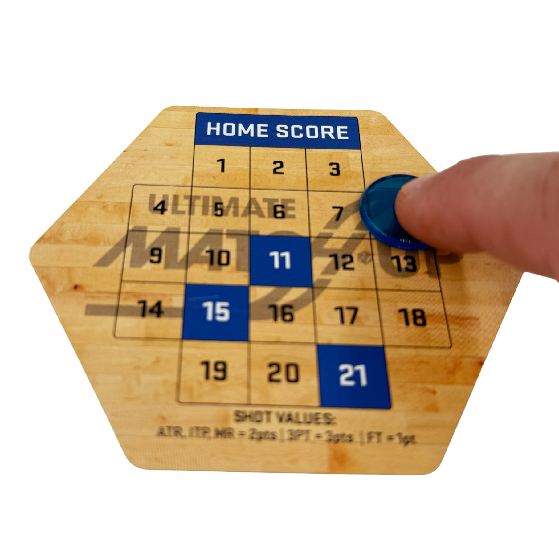 Close-up of a scorecard with a blue plastic score pieces showing the number seven, the scorecard card is numbered from 1 to 21.
