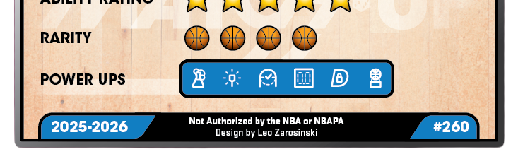 A section of a basketball statistics or player card showing categories 'Rarity,' and 'Power Ups.' It includes icons for various attributes and the years 2025-2026. The card is designed by Leo Zaronski and labeled with #260.