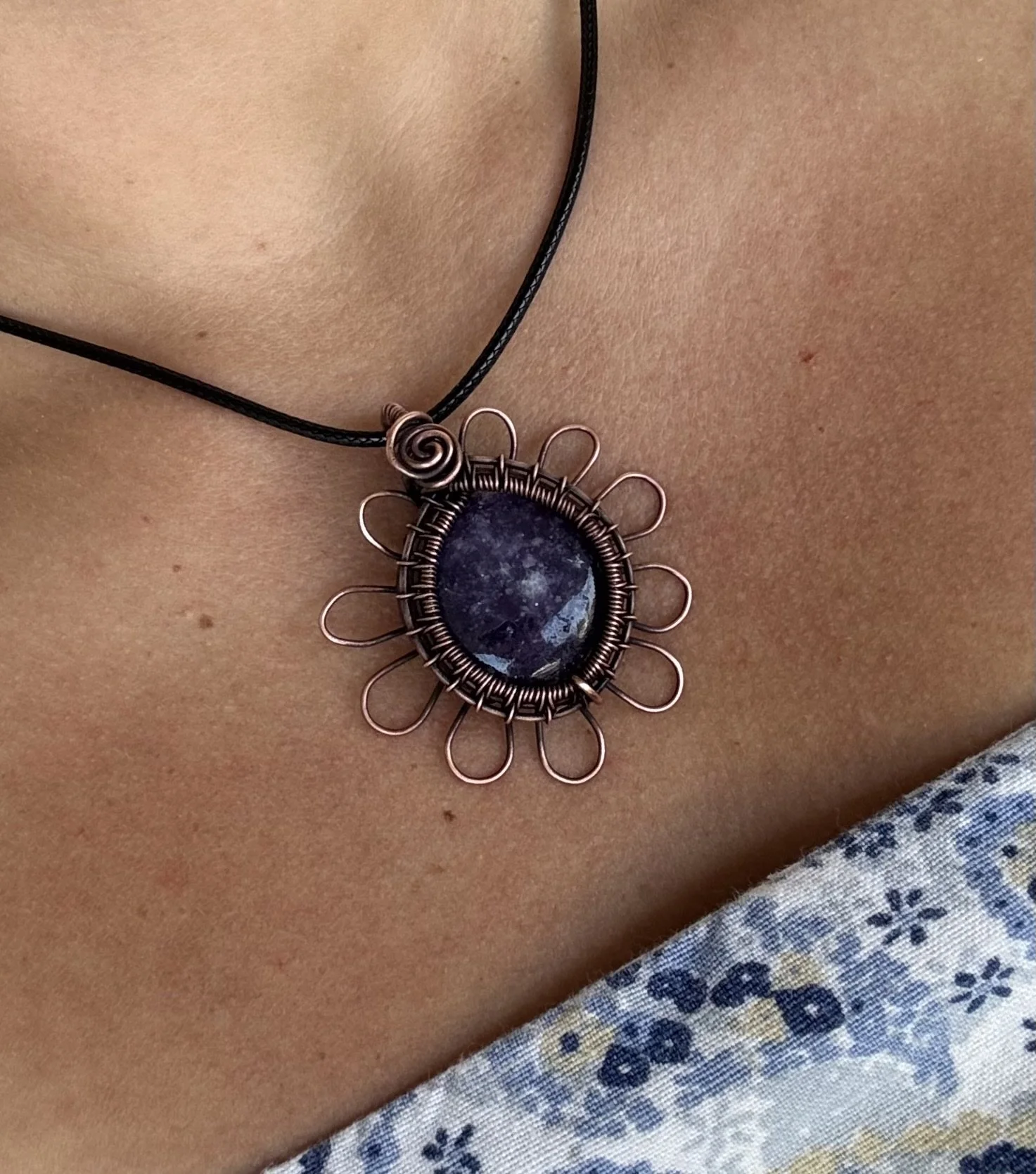 Lepidolite Flower Pendant wrapped in Raw Copper